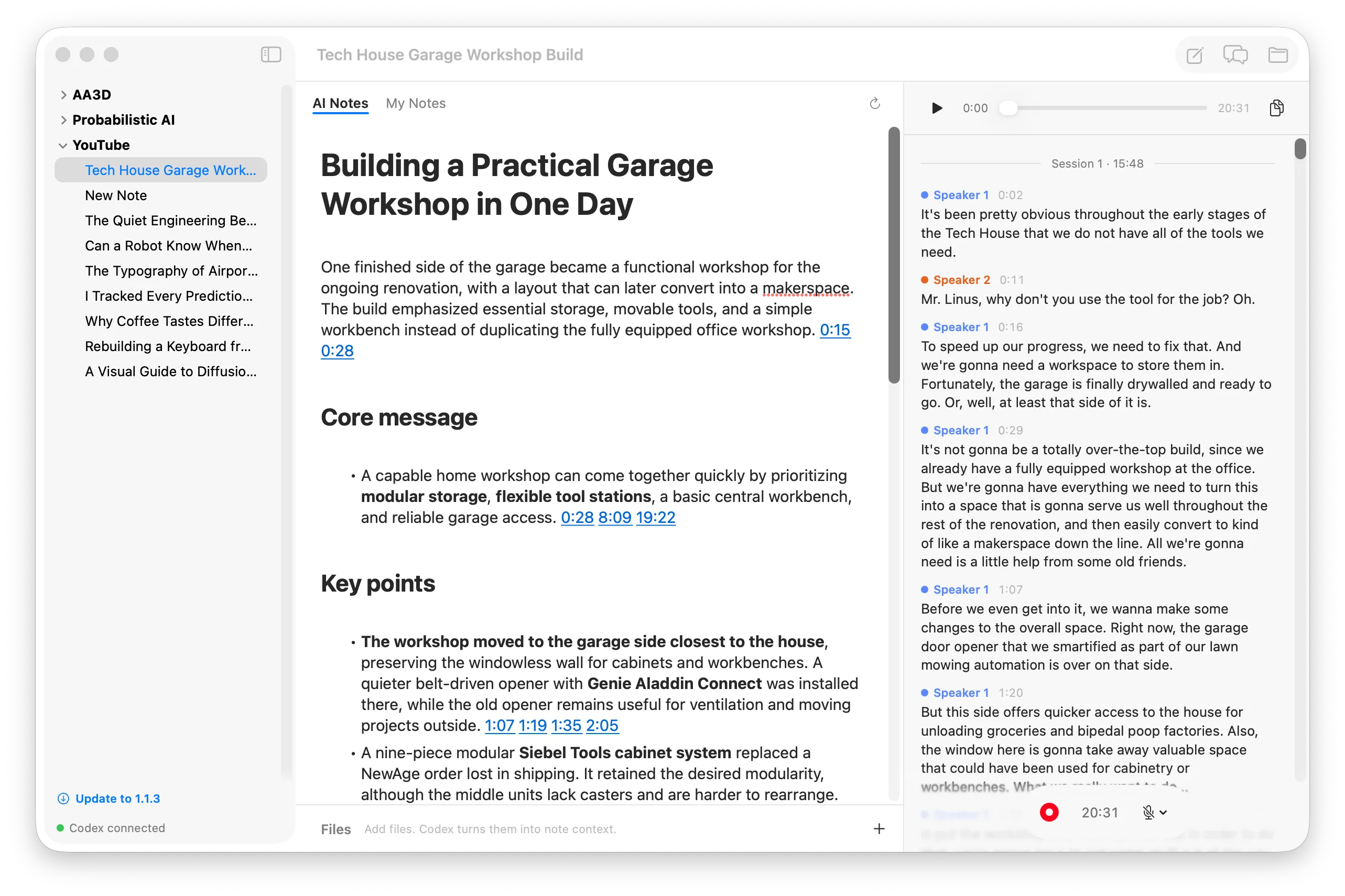 Completed AI Notes beside the transcript they summarize.
