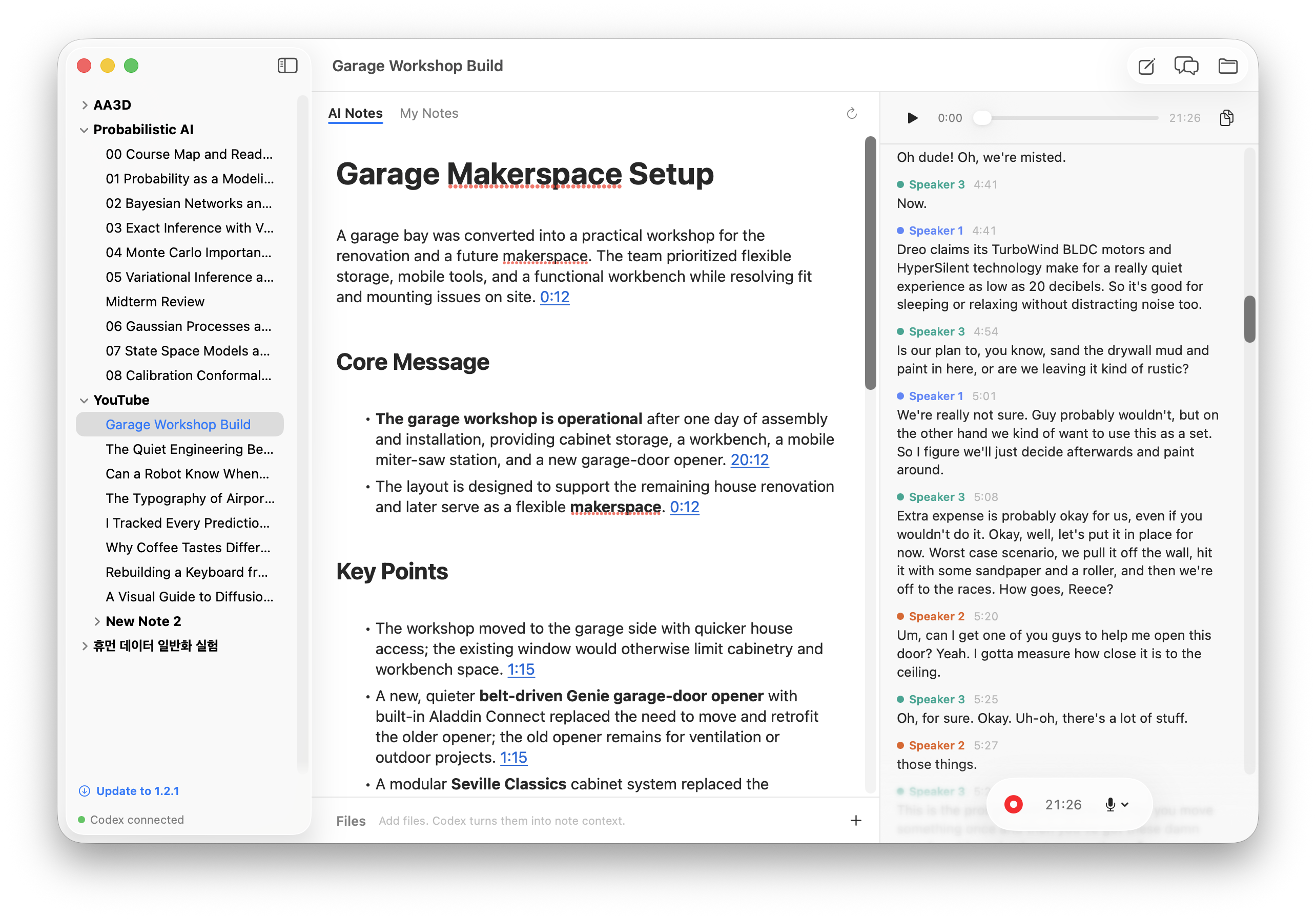 The Simbi app: a note with AI summary, timestamped citations, and a live speaker-labelled transcript beside the recording
