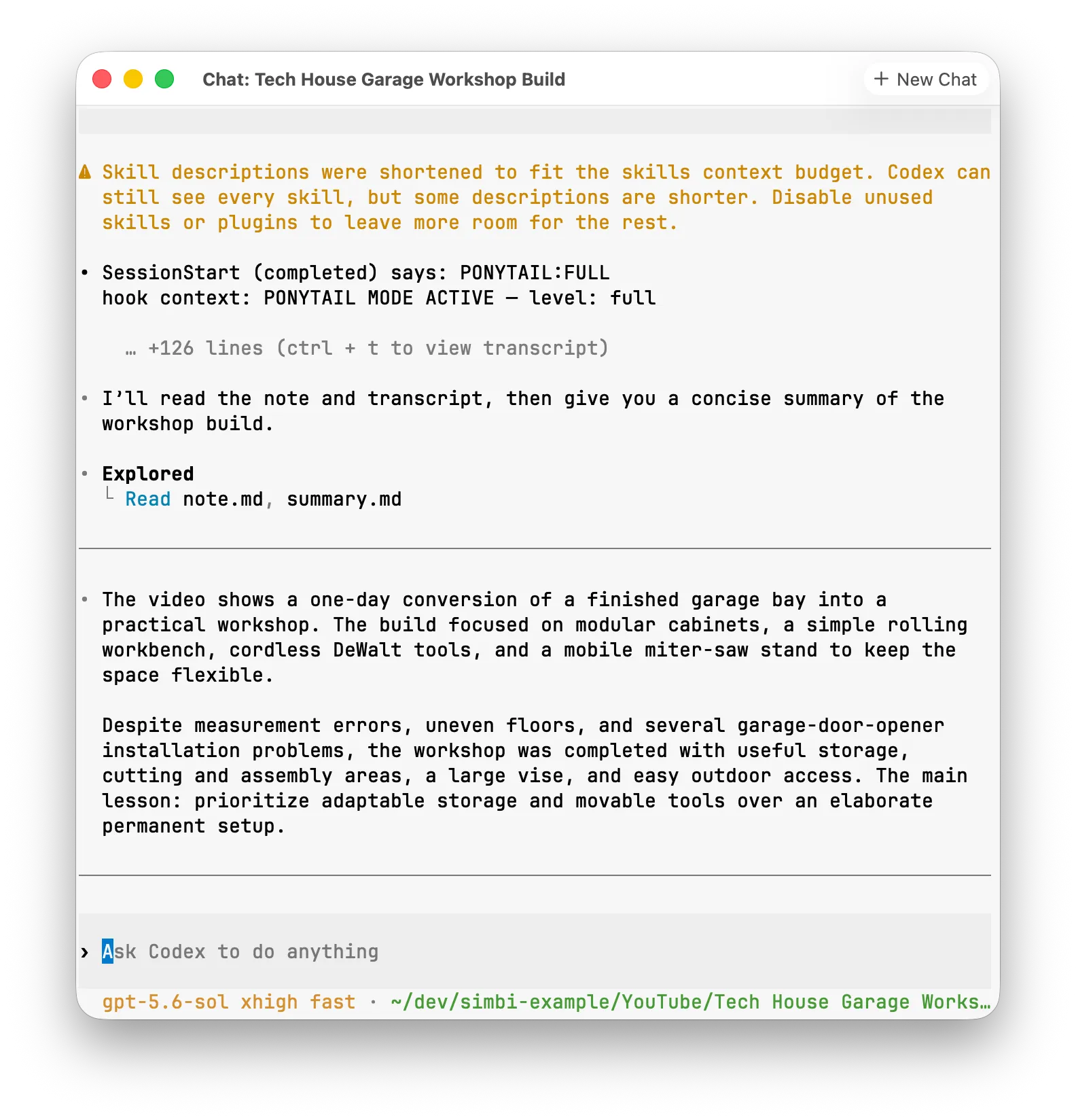 A Codex CLI chat reading a Simbi note and answering a question about it.