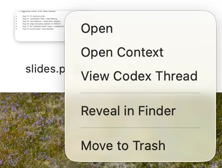 The completed file menu with Open Context available.