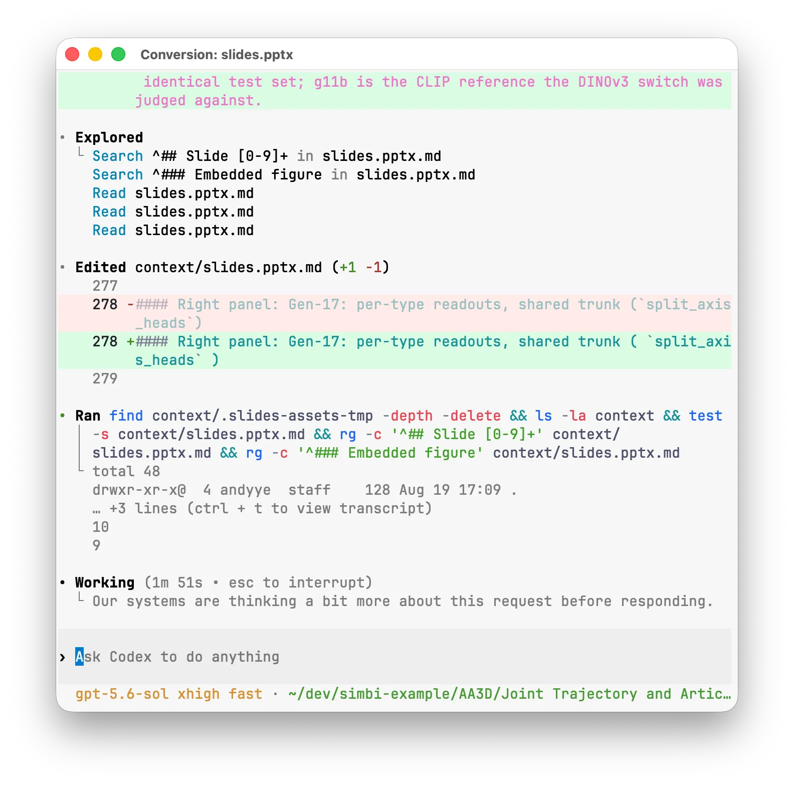 The optional Codex conversion thread checking and editing the Markdown context for a PowerPoint file.