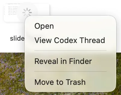 The menu for a file that is still converting, including the optional View Codex Thread action.