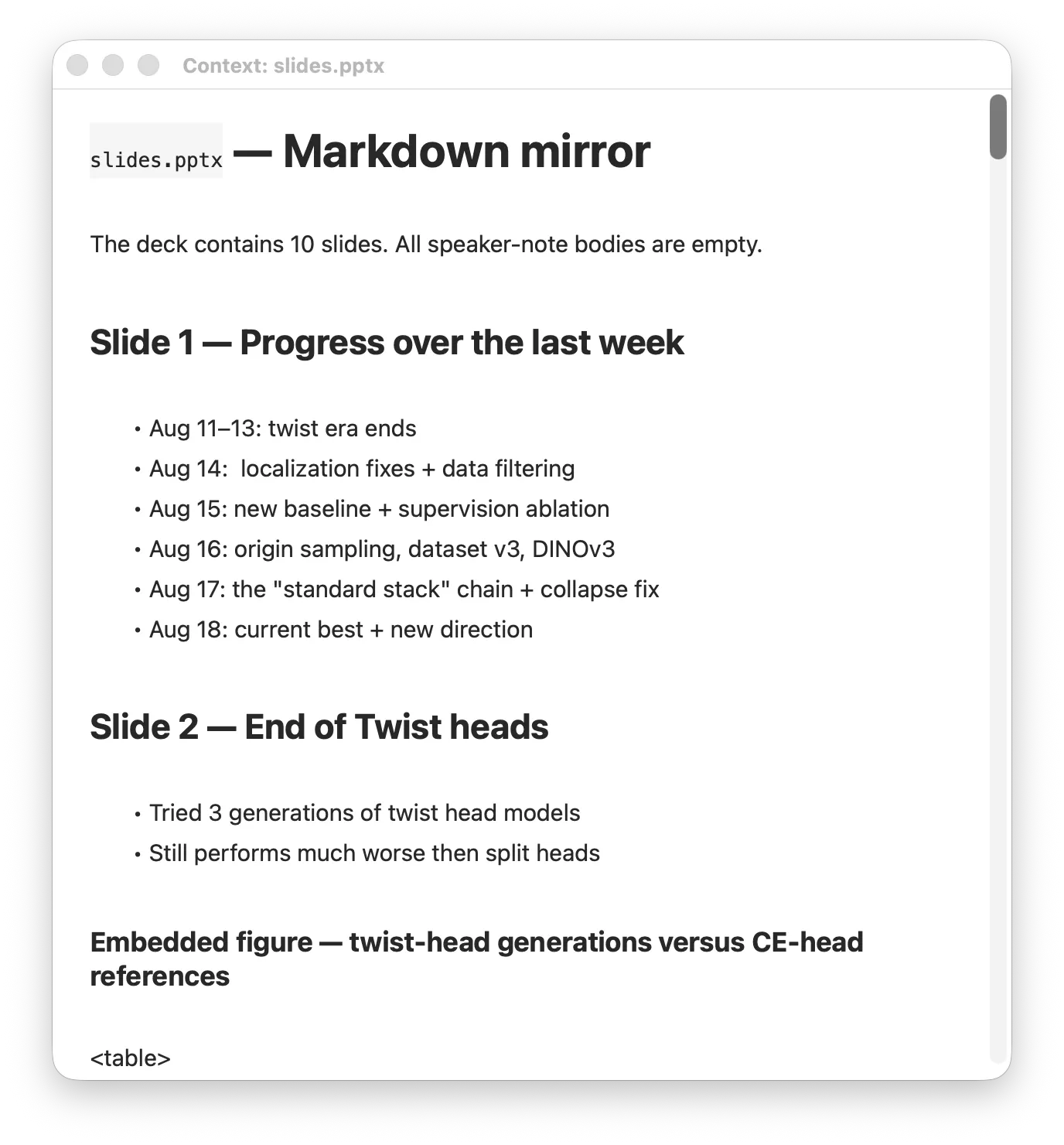 The editable context window showing the Markdown created from a PowerPoint presentation.