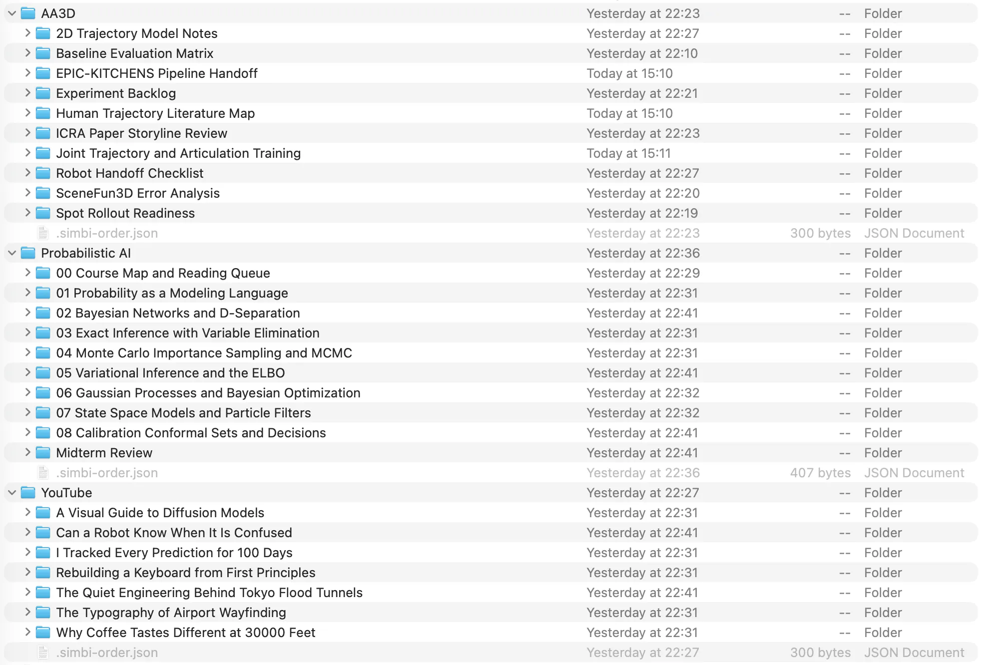 Finder showing the same AA3D, Probabilistic AI, and YouTube folders and their note folders.