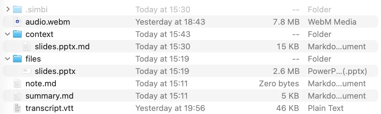 Finder showing the files and folders inside a Simbi note, including audio, context, attachments, notes, summary, transcript, and internal state.