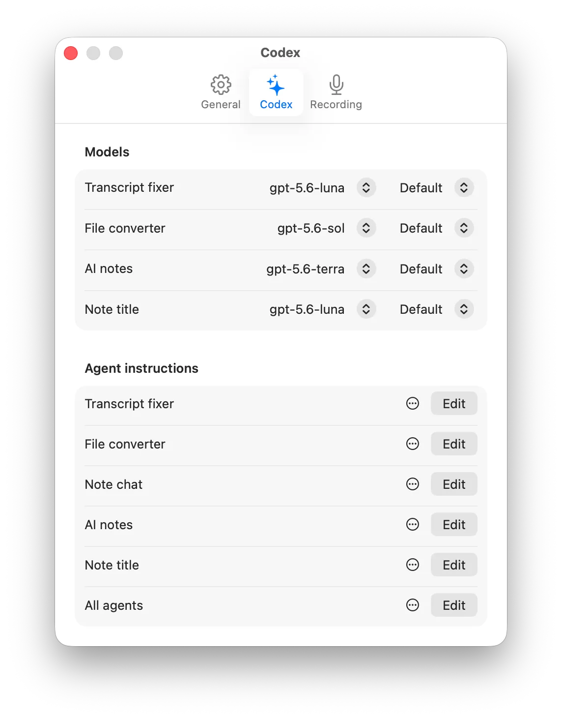 The Codex settings tab with model choices and editable agent instructions.