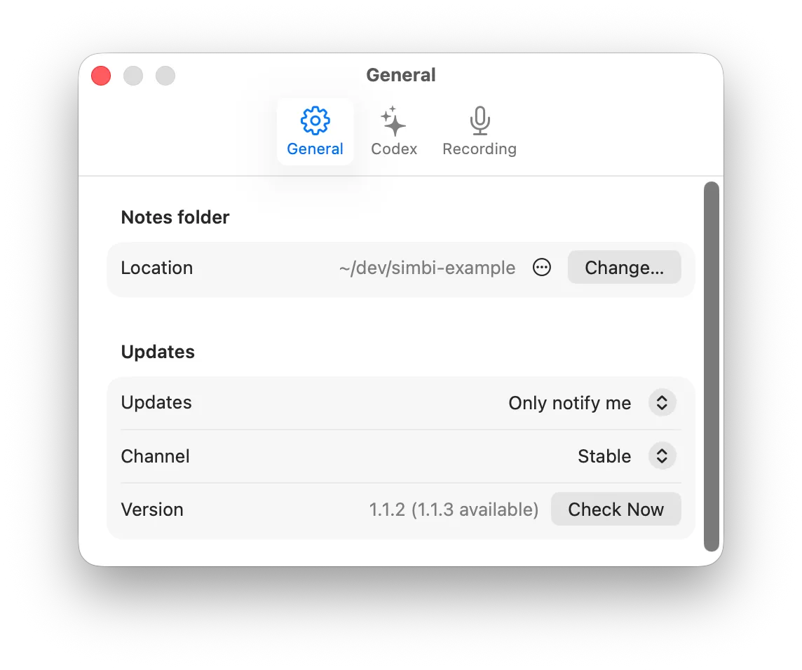 The General settings tab with the notes folder, update preferences, channel, and version.