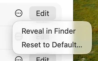 The instruction menu with Reveal in Finder and Reset to Default.