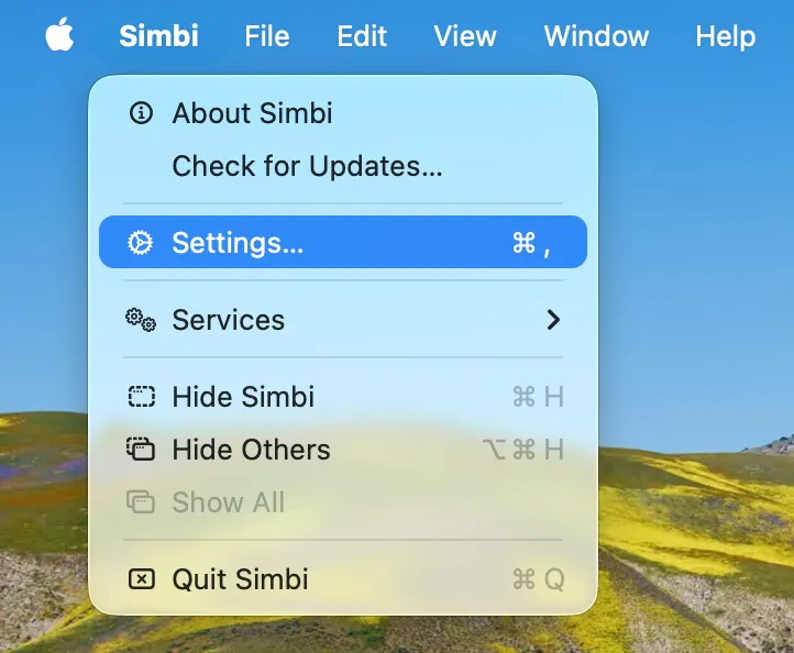 The Simbi menu with Settings selected.