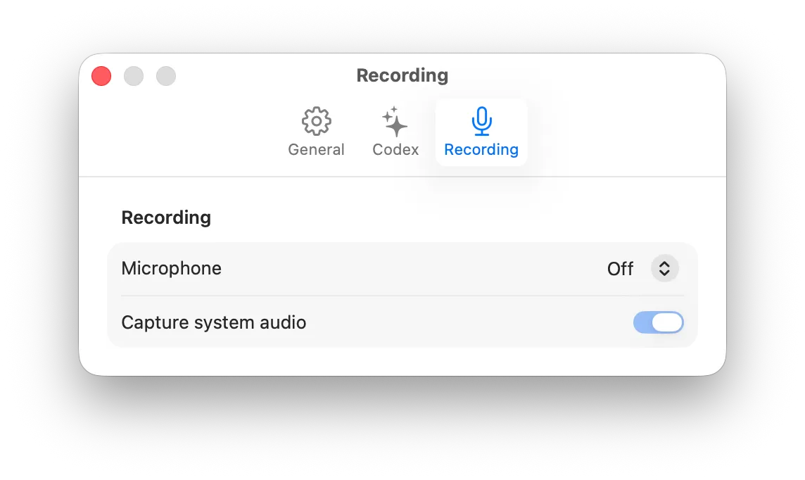 The Recording settings tab with microphone and system audio choices.