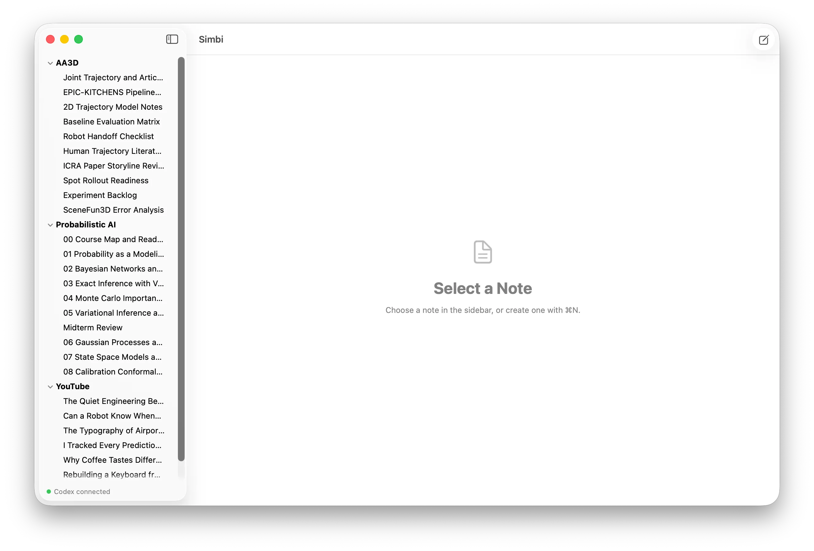 The Simbi sidebar showing the AA3D, Probabilistic AI, and YouTube folders with their notes expanded.