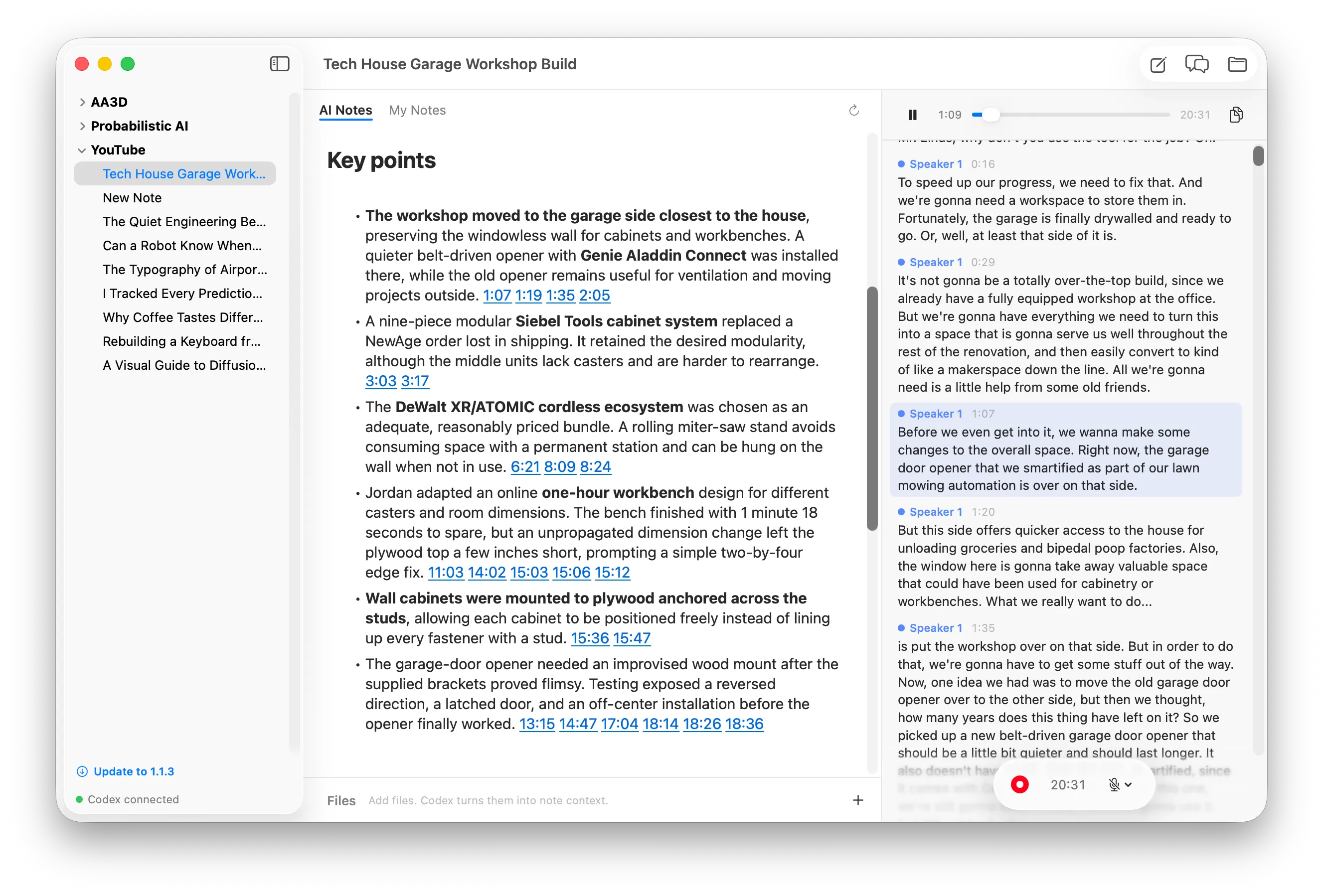 AI Notes and the transcript during playback, with the current cue highlighted in the right pane.