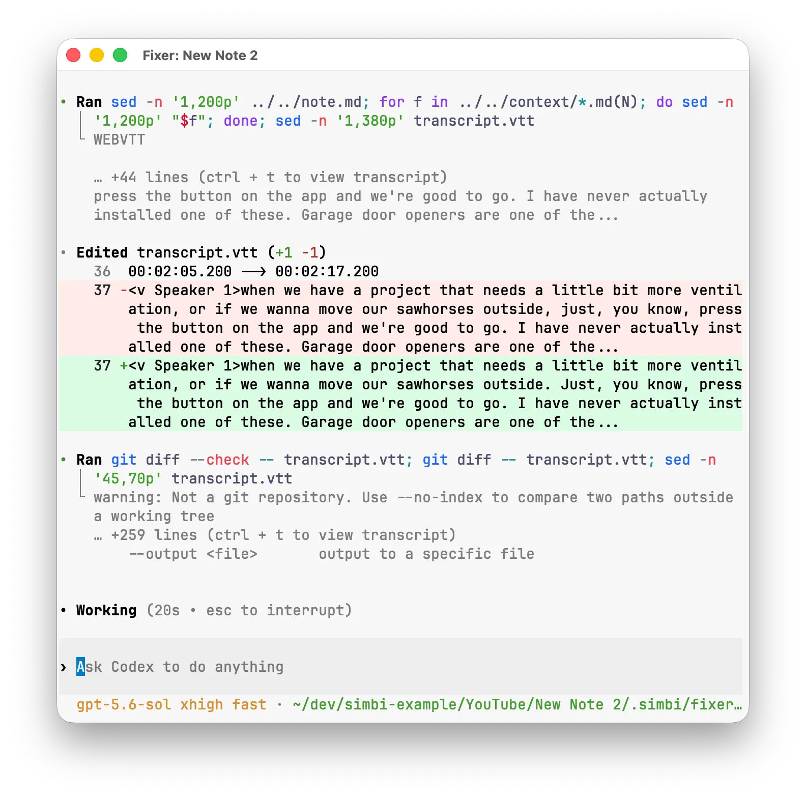 The transcript fixer Codex thread reviewing and editing a newly transcribed WebVTT cue.