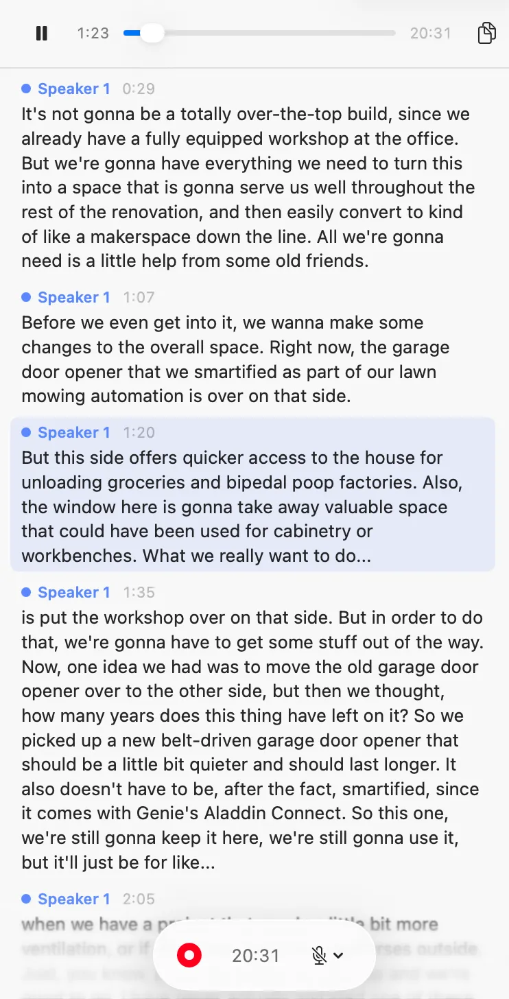 The transcript player at 1 with the cue beginning at 1 highlighted.