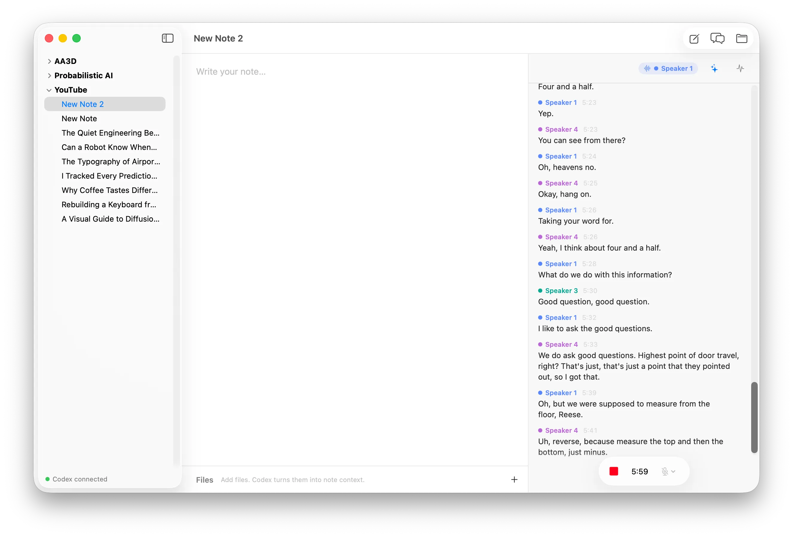 Simbi recording a note, with the live speaker indicator, transcript fixer button, and Pipeline Inspector button above the transcript.